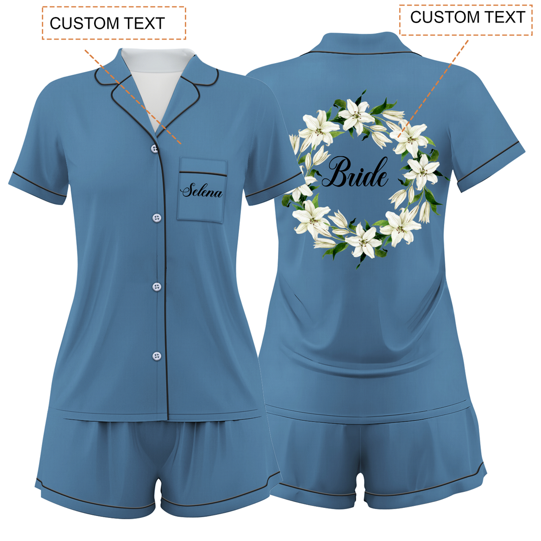 Custom Text Wedding Bride Bridesmaid Satin Short Pyjamas Set