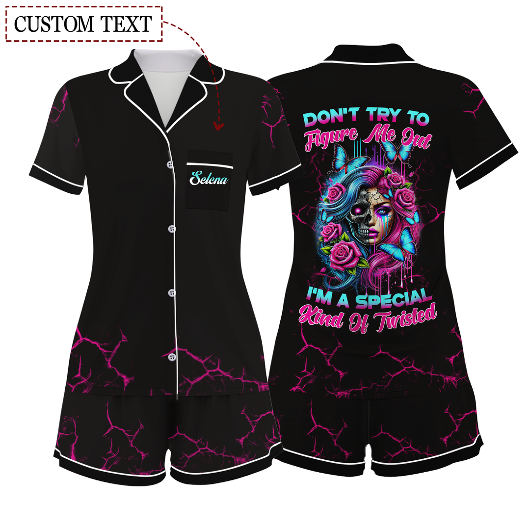 Custom Text Skull Girl  Don't Try To Figure Me Out Short Pajamas Set